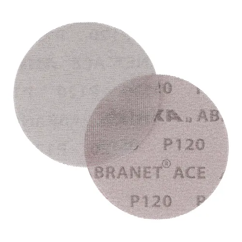 Two round sanding discs overlap on a white background. One disc is plain grey, while the other is a Mirka Abranet Ace HD 150mm Grip (25pc) sanding disc. Both discs display a distinctive mesh-like texture.