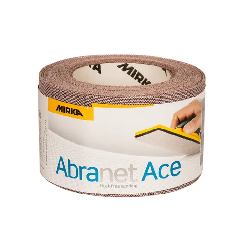 A Mirka Abranet Ace 75mm x 10m Sandpaper Roll featuring a label with a hand using a sanding block, designed for dust-free sanding applications.