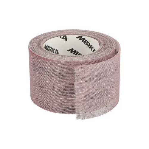 A 75mm x 10m Mirka Abranet Ace Sandpaper Roll with a partially unrolled section revealing the inside. The reddish-brown, perforated mesh design makes this roll ideal for sanding and finishing surfaces.