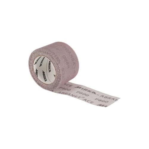 A partially unrolled Mirka Abranet Ace 75mm x 10m Sandpaper Roll reveals its unique grid-like mesh texture and P600 grit, highlighting its design for highly efficient and dust-free sanding.