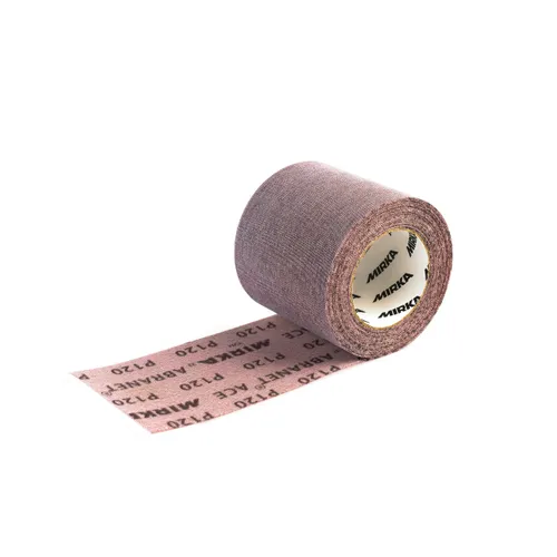 A partially unrolled roll of Mirka Abranet Ace 115mm x 10m Grip Sandpaper Roll highlights its high-quality abrasive performance. This sanding cloth is designed to deliver smooth, consistent finishes with ease.