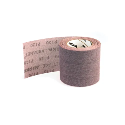 A roll of Mirka Abranet Ace 115mm x 10m Grip Sandpaper, featuring brown abrasive material, stands upright with one end unrolled.