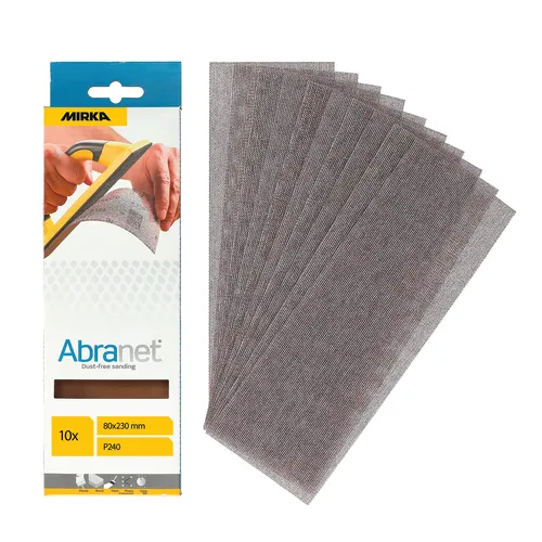 A box of Mirka Abranet 81x133mm Grip sanding sheets (50 pieces) is displayed, with several sheets fanned out next to the packaging. The label shows P240 and includes an image of hands sanding wood, highlighting the product’s precise grip in use.