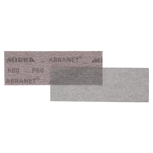 Two rectangular abrasive sanding sheets, such as Mirka Abranet 81x133mm Grip (50pc), overlap in the image. One has a darker colour, while the other appears lighter and more transparent, with a mesh-like texture evident on both.