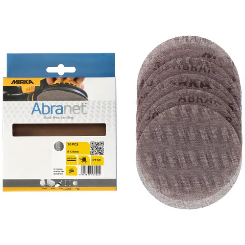 Mirka Abranet® Ø 125mm Grip Small Pack sanding discs and packaging. Several round, mesh-textured 125mm grip discs are shown to the right of the packaging.