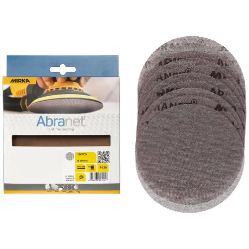Pack of Mirka Abranet sanding discs next to a stack of five round, mesh discs used for dust-free sanding. The packaging shows a hand operating a sander.