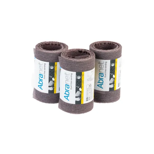 Three rolls of Mirka Abranet® 115mm x 2.5m Grip Roll, each with a label wrapped around the centre, are standing upright against a white background. The grip rolls are designed for efficient and dust-free sanding applications.