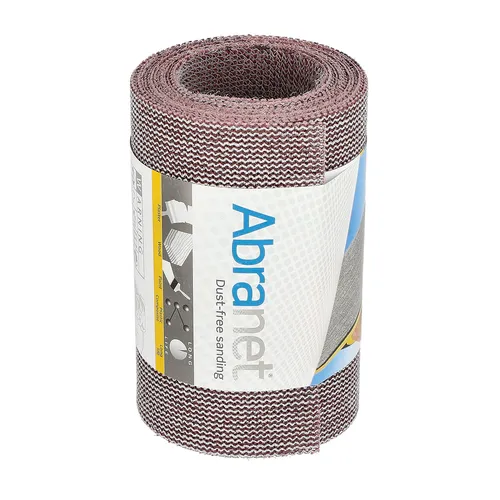 A Mirka Abranet® 115mm x 2.5m Grip Roll, featuring a brownish abrasive surface, is partially wrapped in white and blue labelled packaging and is designed for dust-free sanding applications.
