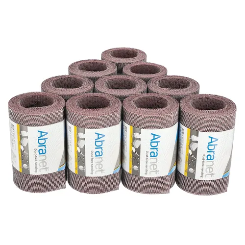 Ten rolls of Mirka Abranet® 115mm x 2.5m Grip Roll abrasive mesh, each wrapped in a white and blue wrapper, stacked in a pyramid shape.