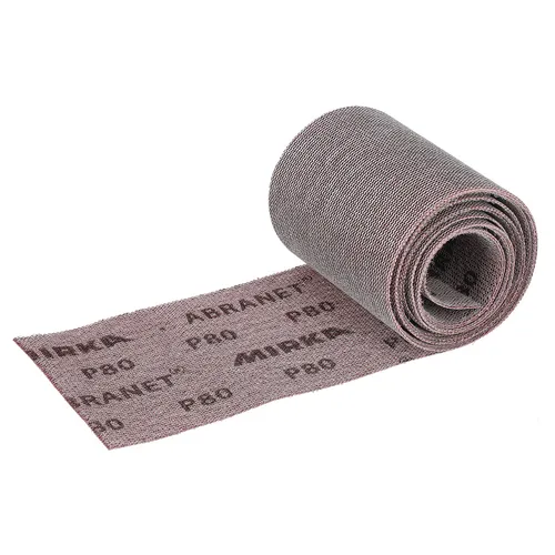 A partially unrolled strip of Mirka Abranet® 115mm x 2.5m Grip Roll mesh sanding material—an ideal choice for efficient and dust-free sanding.