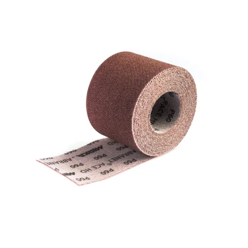 A brown roll of Mirka Abranet ACE HD 115mm x 10m sandpaper with a section unrolled, revealing the textured abrasive side and printed backing, is displayed on a white background.