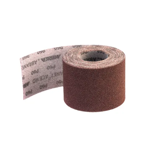 A roll of Mirka Abranet ACE HD 115mm x 10m abrasive sanding mesh, brown in colour, with part of the mesh unrolled to display a textured grid pattern, set against a white background.