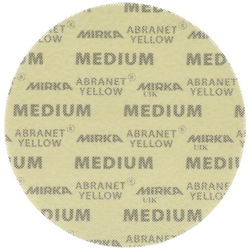 A round, 225mm yellow abrasive sanding disc.