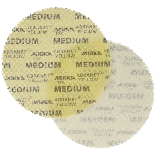 Two round abrasive sanding discs, labelled MEDIUM, include one vibrant yellow and one translucent disc. Each 225mm disc is designed for versatile sanding performance on a variety of surfaces. Product Name: Mirka Abranet 225mm Yellow.