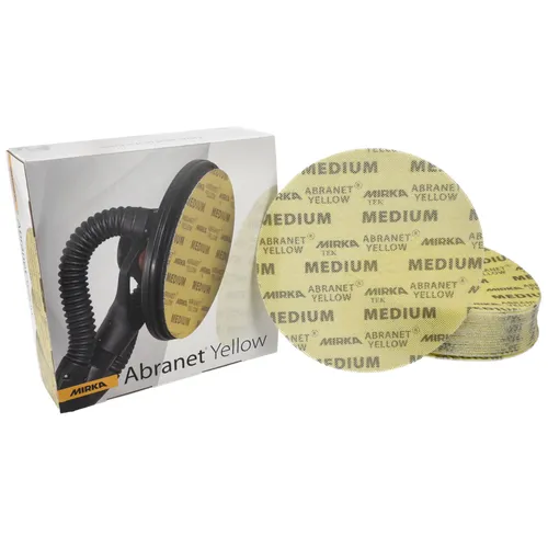 Mirka Abranet 225mm yellow sanding discs are displayed with a box featuring one disc attached to a sanding tool. A stack of the discs is positioned on the right.