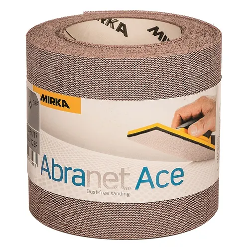 A Mirka Abranet Ace 115mm x 10m Grip Sandpaper Roll is shown as a sandpaper roll, accompanied by an image of a hand using a sanding block.