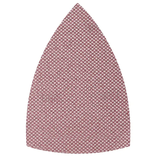 The Mirka Abranet Ace HD 100x152x152mm Grip Delta Sheets (25pc) are pink, tear-shaped abrasive sanding sheets with a mesh design, engineered for detail sanders. Featuring advanced Abranet Ace technology and measuring 100x152x152mm, they deliver efficient dust extraction and consistent sanding performance.