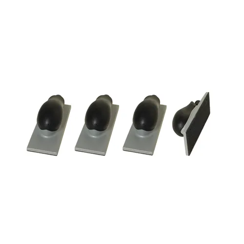 Four hand-held sanding blocks featuring black handles and rectangular grey bases are lined up in a row, with one flipped to display its textured sanding surface.
