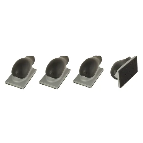 Four black and grey hand sanders are arranged in a row on a white background. Three lie flat, while the fourth is turned to show its perforated sanding surface.