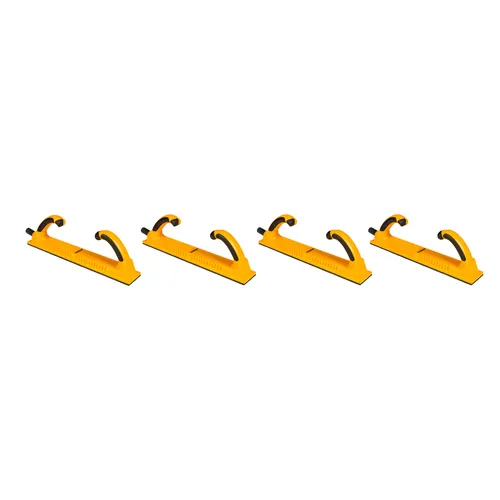 Five identical yellow plastic safety push sticks with black ends are arranged in a row on a white background, used for guiding wood through table saws or other cutting tools.