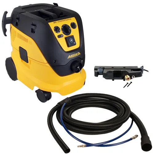A yellow and black Mirka industrial vacuum cleaner is shown with a black hose, blue cable, and accessory parts placed beside it on a white background.