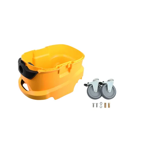 Yellow plastic cleaning bucket base with a black handle, two separate grey castor wheels, and a small set of mounting hardware displayed next to it on a white background.
