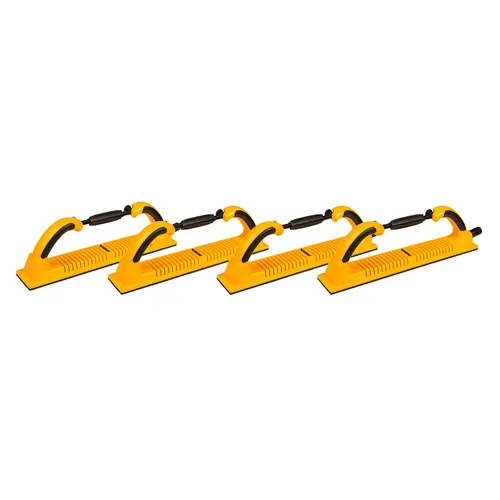 Four identical yellow floor cable protectors with black handles are arranged in a row on a white background. Each protector is used to cover and safeguard cables or hoses.