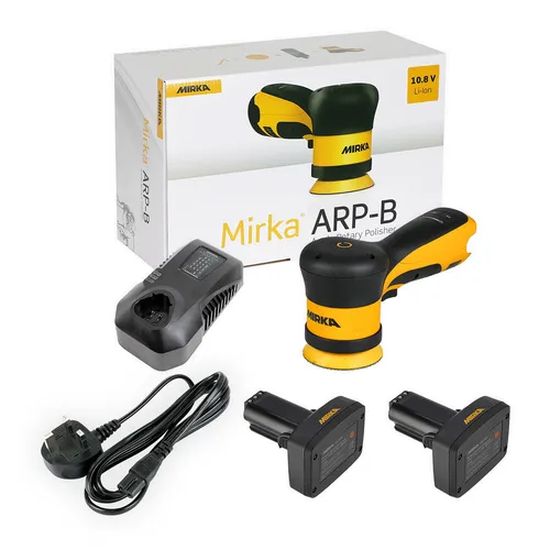 A Mirka ARP-B cordless rotary polisher kit with a yellow and black polisher, two batteries, a charger, a power lead, and the product box.