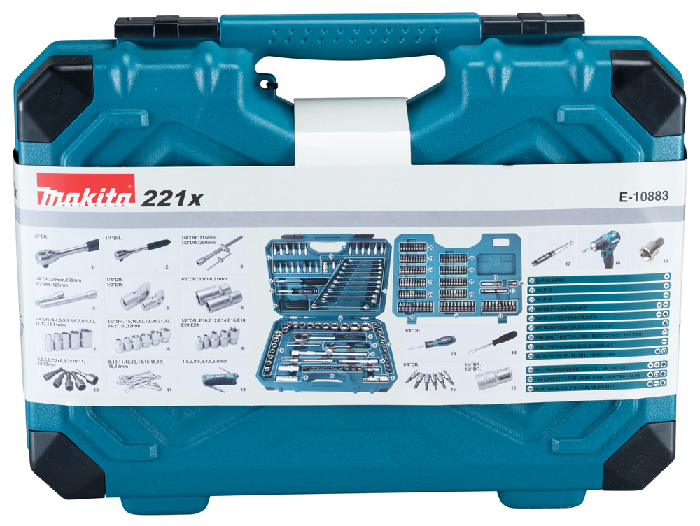 A Makita E-10883 221pc Hand Tool Set in a blue case displaying various tools such as sockets, spanners, and bits, set against a white background.