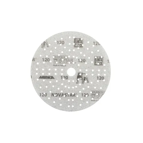 A round, grey Mirka Novastar 150mm 121H Grip Sanding Disc (from a 100-piece pack), featuring multiple small holes and a single central hole. The disc displays “120,” “NOVASTAR,” and “MIRKA” along with warning icons and other printed symbols. Its grip backing enables easy attachment, indicating it is part of the Mirka Novastar range.