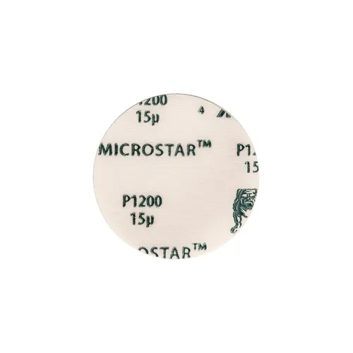 A round Mirka Microstar 77mm Grip Sanding Disc on a white background, featuring a convenient grip backing for quick and easy attachment; available in a pack of 50.