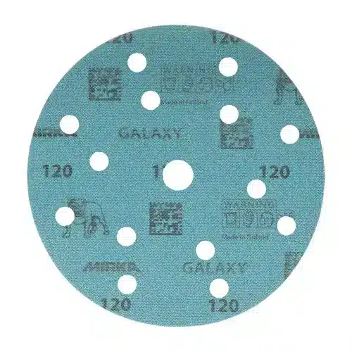 A round blue Mirka Galaxy 150mm 15H Grip Sanding Disc with multiple holes, used for surface preparation.