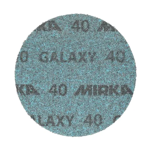 A round, blue abrasive sanding disc with a rough textured surface, characteristic of the Mirka Galaxy 125mm Grip Sanding Discs (100pcs) designed for efficient material removal.