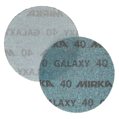 Two round sanding discs overlap; one is grey, while the other is teal with a rough texture. Both feature a gritty, abrasive surface, showcasing the high-quality finish and efficient surface preparation provided by Mirka Galaxy 125mm Grip Sanding Discs (100pc).