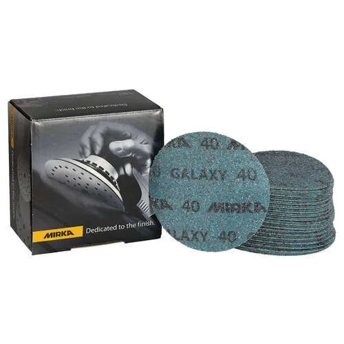 A box of Mirka Galaxy 125mm Grip Sanding Discs (100pcs) sits next to a stack of round sanding discs. The box features a black-and-white image of a hand holding a sanding tool.