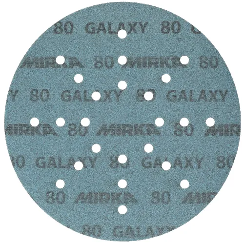 Circular blue Mirka Galaxy 225mm 24H Grip Sanding Disc featuring multiple small holes. Part of the Mirka Galaxy range, this sanding disc offers easy attachment and removal with its grip design and comes in a pack of 25 pieces.