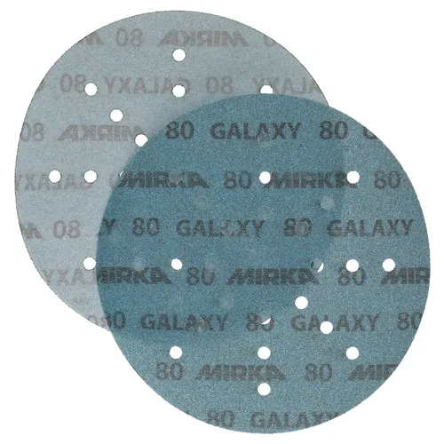 Two overlapping round blue sandpaper discs with multiple holes—these are Mirka Galaxy 225mm 24H Grip Sanding Discs (25pc). Perfectly sized at 225mm, they deliver efficient performance for a smooth, flawless finish.
