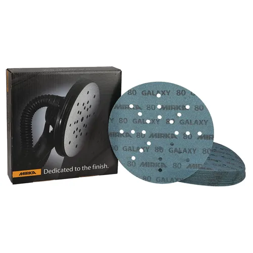 A box containing 25 Mirka Galaxy 225mm 24H Grip Sanding Discs, labelled GALAXY 80 by Mirka, designed for use with a power sander. These high-performance discs feature a round, perforated design to ensure efficient dust extraction and a secure grip during demanding sanding tasks.