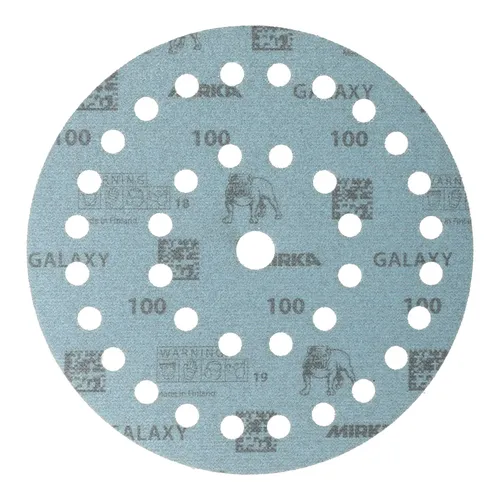 A round, blue sanding disc with many holes. The disc is used for abrasive sanding tasks.