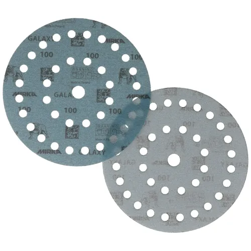 Two round sanding discs with multiple holes, one grey and one blue. Both discs are designed for attaching to sanding tools for surface finishing tasks.