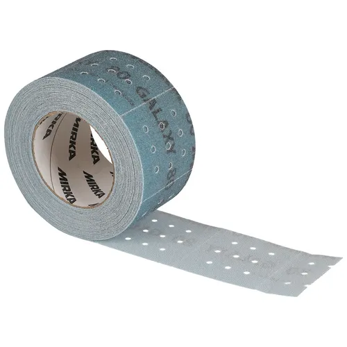 A roll of Mirka Galaxy 70 x 70mm Grip Multifit Perforated Roll in blue mesh, partially unrolled. This sanding roll features evenly spaced round holes for efficient dust extraction as part of the Mirka Galaxy range.