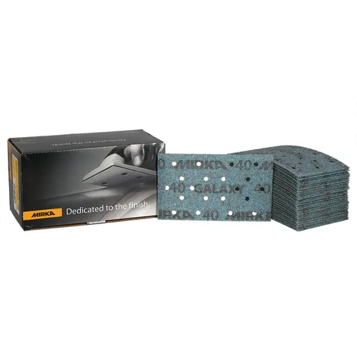 A stack of rectangular Mirka Galaxy 81 mm x 133 mm Multifit Grip Sanding Sheets (50pcs), each featuring multiple holes, sits next to a Mirka-branded box, highlighting the quality of these sanding sheets.