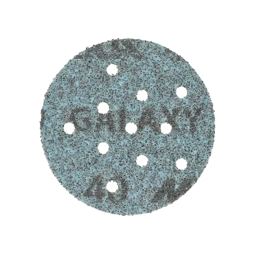 A round, blue-grey sandpaper disc with multiple holes in a patterned arrangement, this Mirka Galaxy 77mm Multifit Grip Sanding Disc (from the 50pc pack) features a coarse surface.