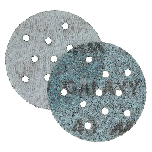 Two round, grey Mirka Galaxy 77mm Multifit Grip Sanding Discs from the 50-piece pack overlap each other. Both discs feature Multifit Grip technology, with numerous small holes arranged in a circular pattern and a rough, textured surface.