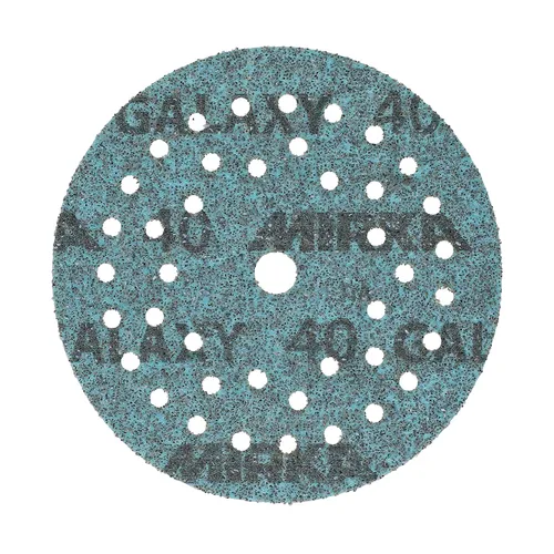 A round blue Mirka Galaxy 125mm Grip Multifit Sanding Disc, featuring a central hole and several smaller holes arranged in circles. This sanding disc is available in a pack of 100 pieces.
