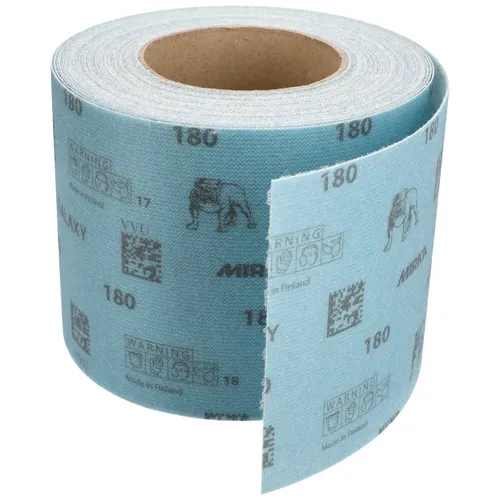 A roll of blue sandpaper, partially unrolled to reveal its texture and design—this Mirka Galaxy 115mm x 20m Grip Sandpaper Roll is ideal for a wide range of sanding tasks. Perfect for projects demanding reliable abrasive power, this sandpaper roll delivers both durability and precision.