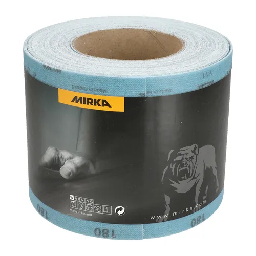 A Mirka Galaxy 115mm x 20m Grip Sandpaper Roll featuring a blue-edged abrasive with a black label and bulldog logo on the wrapper, designed with advanced grip sandpaper technology for efficient and consistent results.
