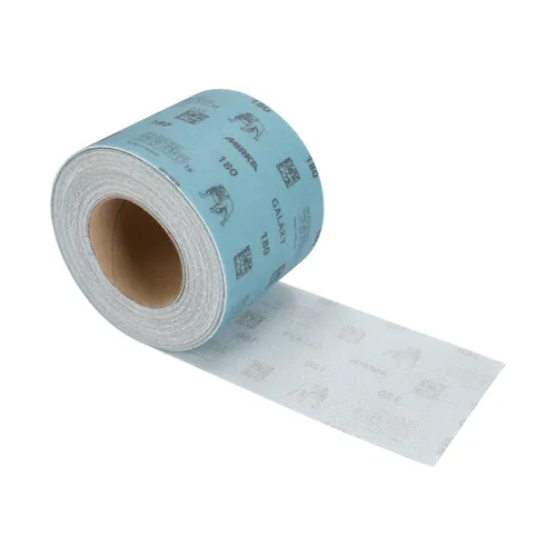 A Mirka Galaxy 115mm x 20m Grip Sandpaper Roll in blue, partially unrolled to reveal the abrasive side, displayed on a white background.