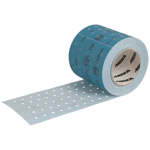 A partially unrolled Mirka Galaxy 115mm x 230mm Multifit Grip Perforated Roll of blue abrasive sandpaper displays evenly spaced holes for efficient dust extraction. Its innovative Multifit Grip design and inner core make it an ideal choice for professionals seeking superior performance.