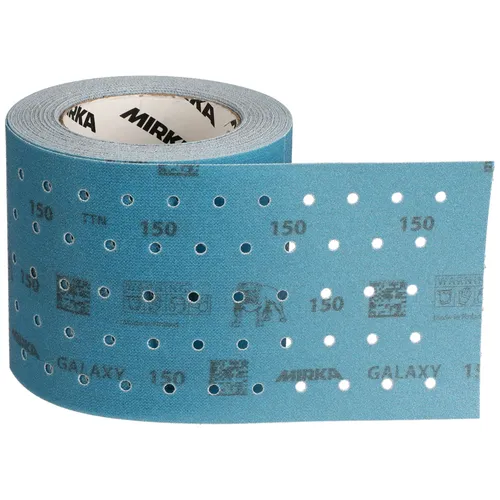 A partially unrolled Mirka Galaxy 115mm x 230mm Multifit Grip Perforated Roll of blue abrasive sanding paper, marked with 150 grit and evenly spaced holes to reveal its textured surface. The inner label shows the product branding. Its perforated roll design and Multifit Grip ensure easy attachment and optimal dust extraction.